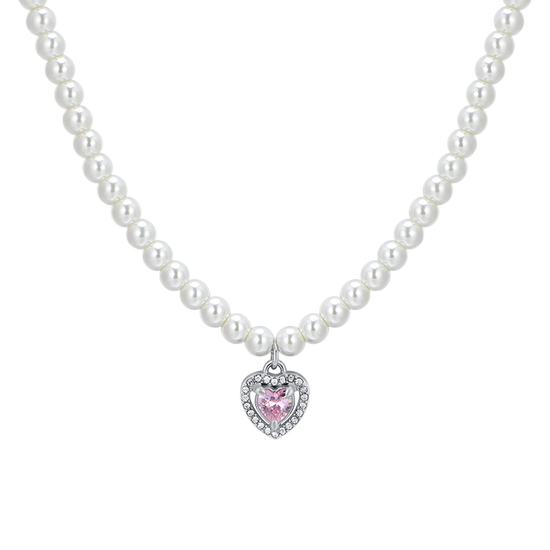 COLLIER COEUR EN ACIER, PERLES ET ZIRCON ROSE