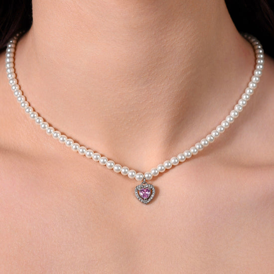 COLLIER COEUR EN ACIER, PERLES ET ZIRCON ROSE