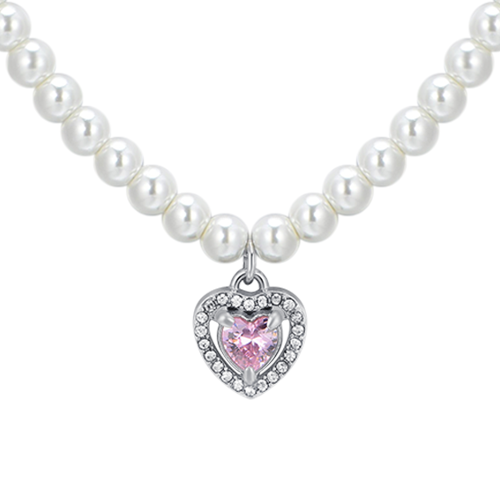 COLLIER COEUR EN ACIER, PERLES ET ZIRCON ROSE