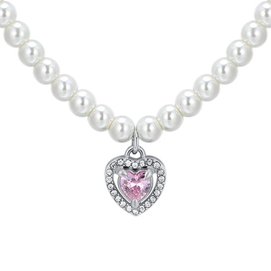 COLLIER COEUR EN ACIER, PERLES ET ZIRCON ROSE