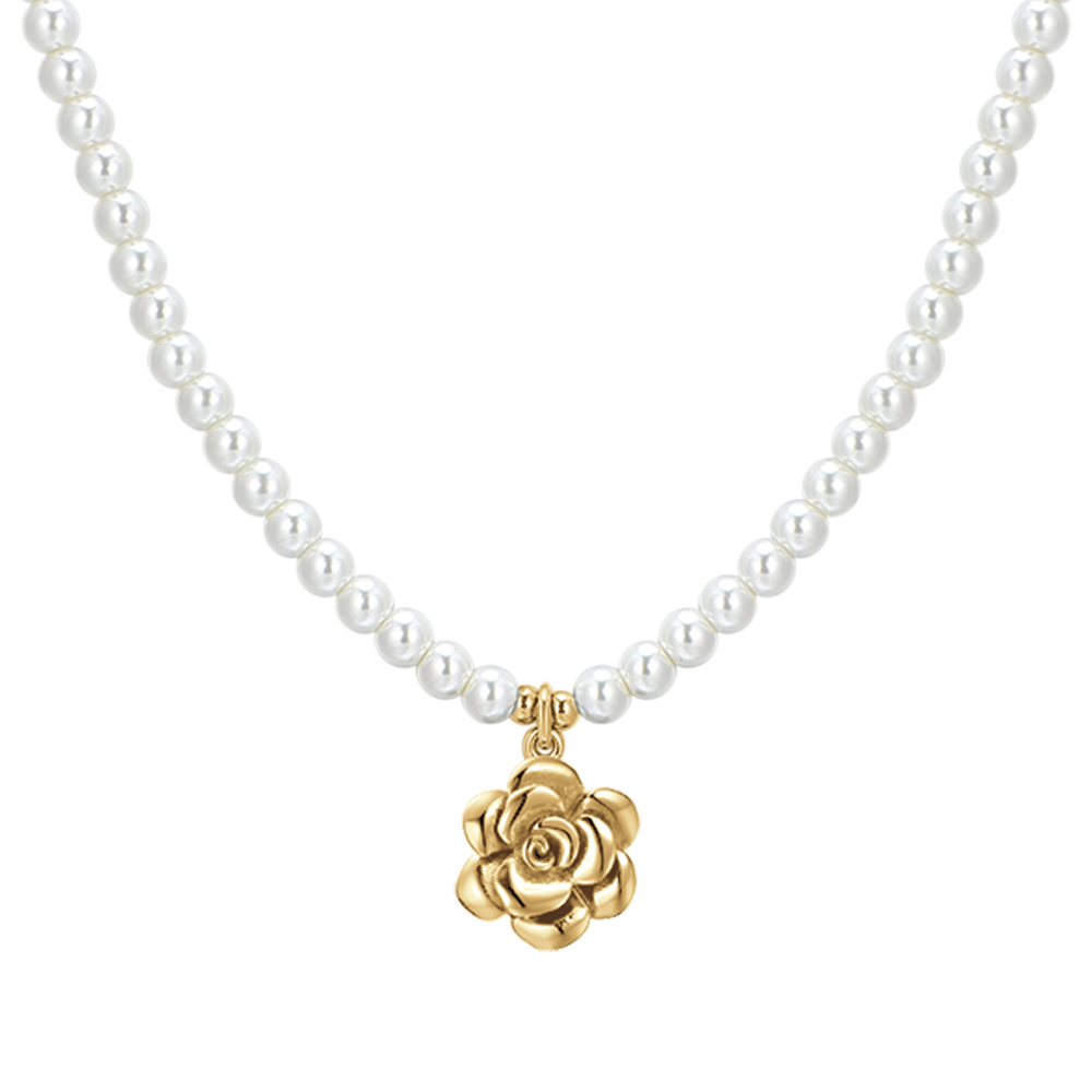 COLLIER ACIER IP OR PERLES ET ROSE