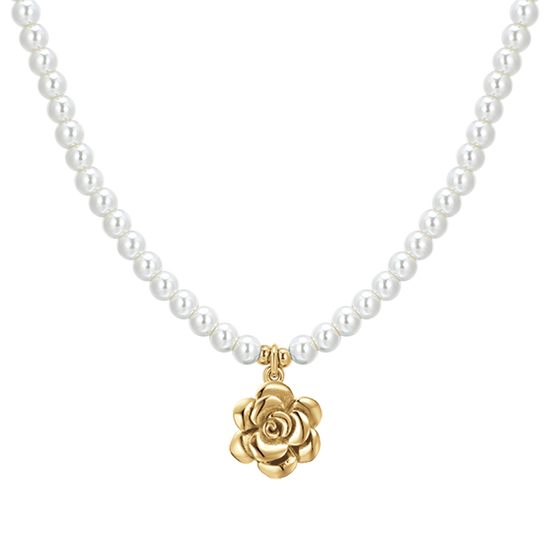 COLLIER ACIER IP OR PERLES ET ROSE