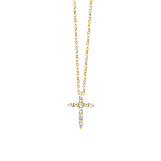 COLLIER ACIER IP OR CROIX ZIRCON BLANC