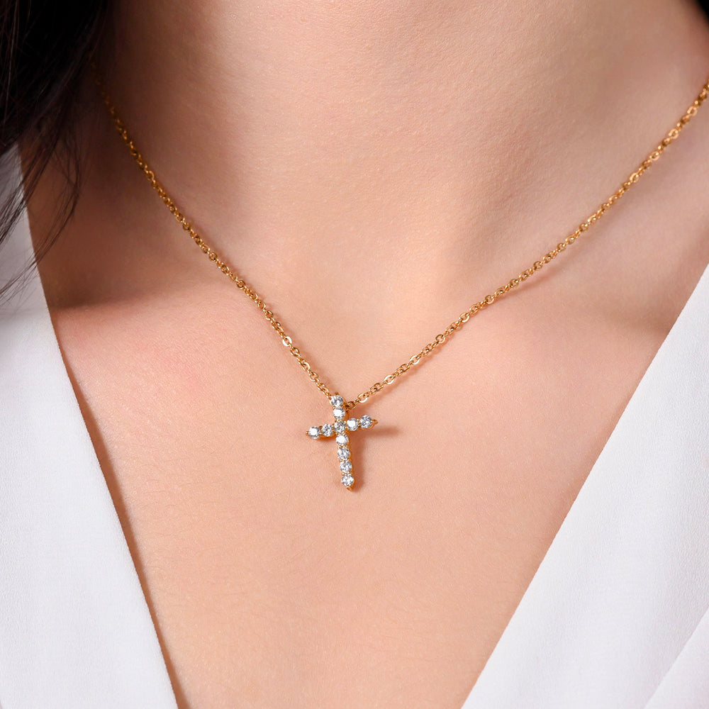 COLLIER ACIER IP OR CROIX ZIRCON BLANC