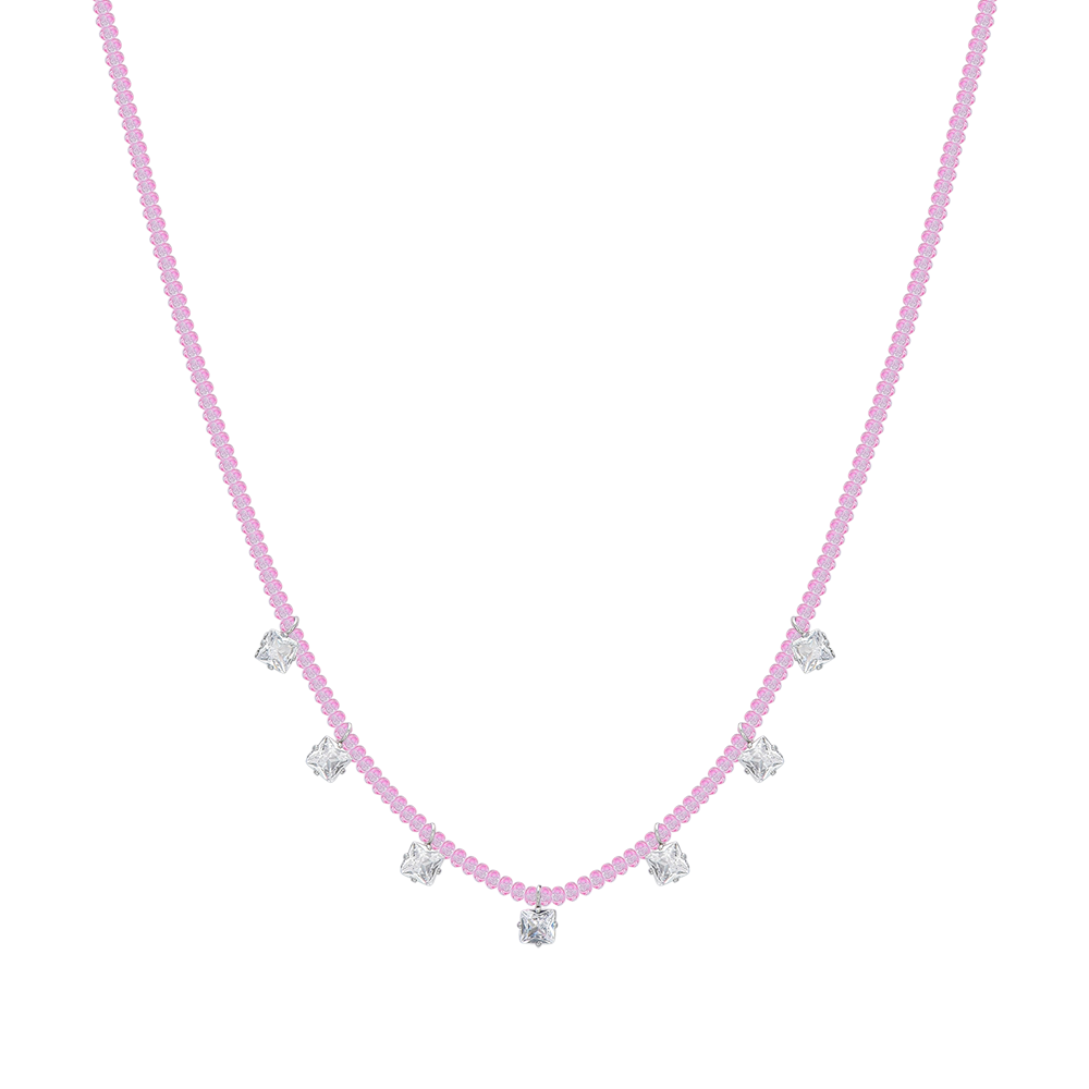 COLLIER FEMME EN ACIER AVEC CRISTAUX ROSES ET ZIRCON CUBIQUE BLANC