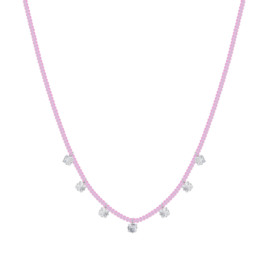 COLLIER FEMME EN ACIER AVEC CRISTAUX ROSES ET ZIRCON CUBIQUE BLANC