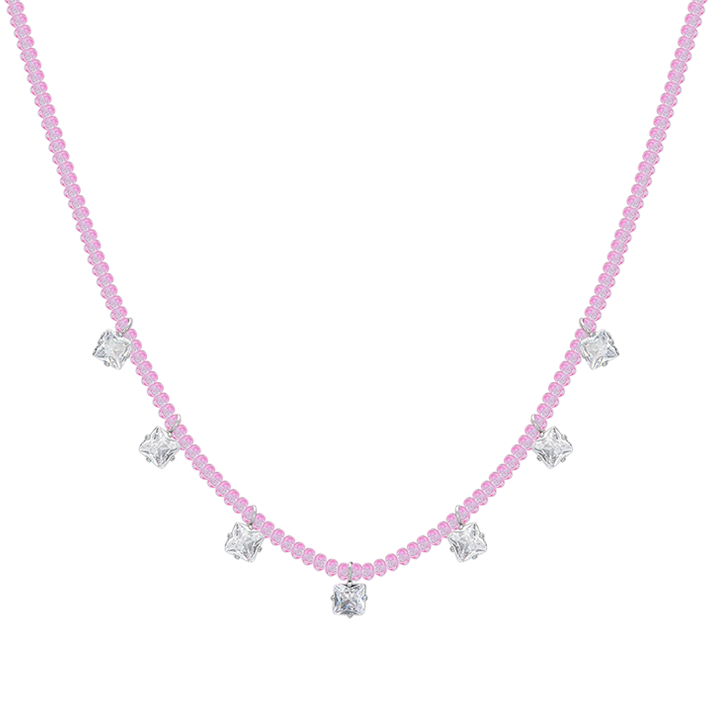 COLLIER FEMME EN ACIER AVEC CRISTAUX ROSES ET ZIRCON CUBIQUE BLANC