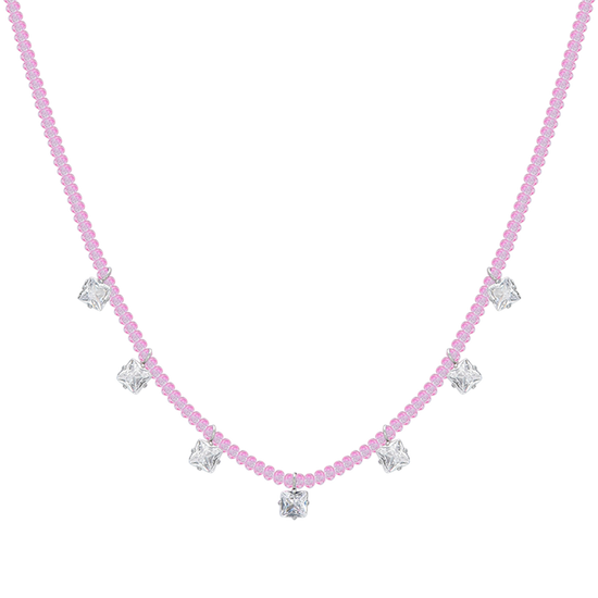 COLLIER FEMME EN ACIER AVEC CRISTAUX ROSES ET ZIRCON CUBIQUE BLANC