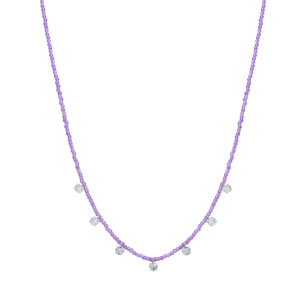 COLLIER FEMME EN ACIER AVEC CRISTAUX VIOLETS ET ZIRCON CUBIQUE BLANC