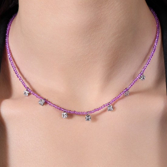 COLLIER FEMME EN ACIER AVEC CRISTAUX VIOLETS ET ZIRCON CUBIQUE BLANC