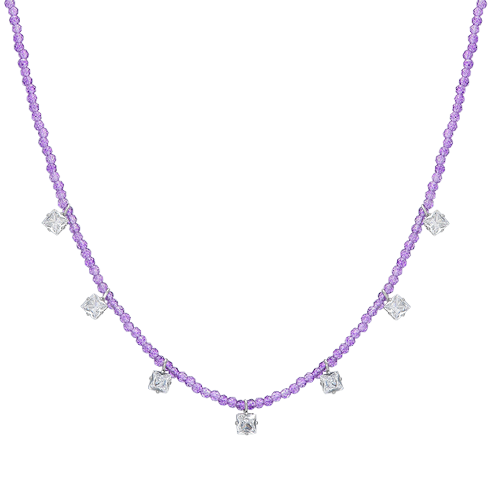 COLLIER FEMME EN ACIER AVEC CRISTAUX VIOLETS ET ZIRCON CUBIQUE BLANC