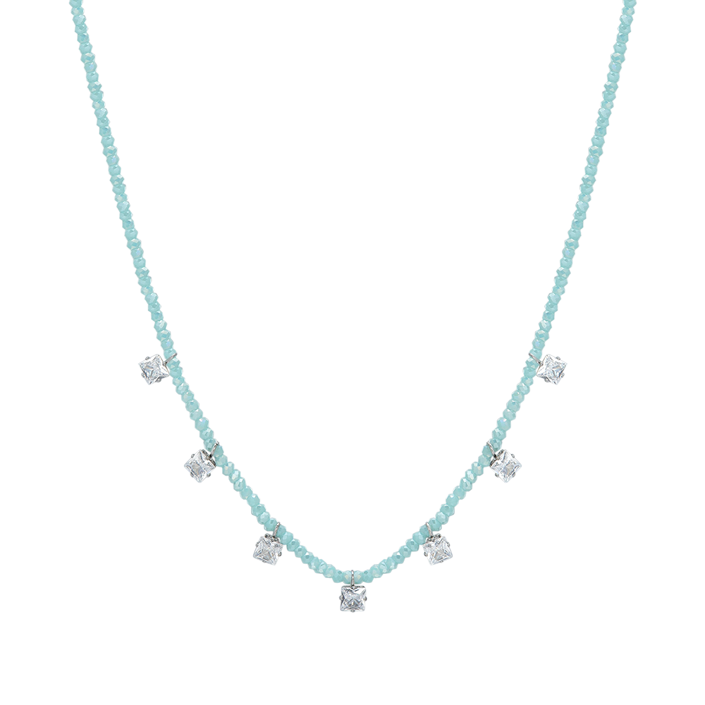 COLLIER FEMME EN ACIER AVEC CRISTAUX TURQUOISE ET ZIRCON CUBIQUE BLANC