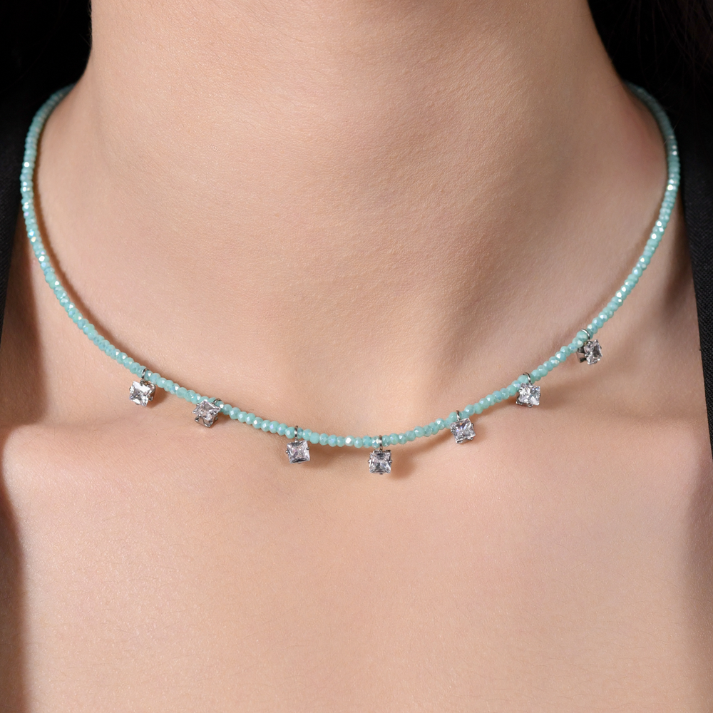 COLLIER FEMME EN ACIER AVEC CRISTAUX TURQUOISE ET ZIRCON CUBIQUE BLANC