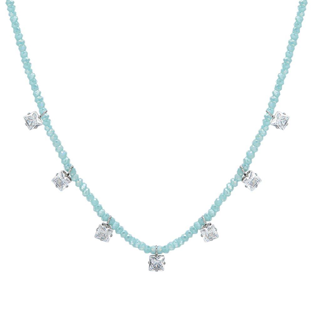 COLLIER FEMME EN ACIER AVEC CRISTAUX TURQUOISE ET ZIRCON CUBIQUE BLANC