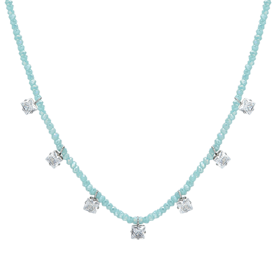 COLLIER FEMME EN ACIER AVEC CRISTAUX TURQUOISE ET ZIRCON CUBIQUE BLANC