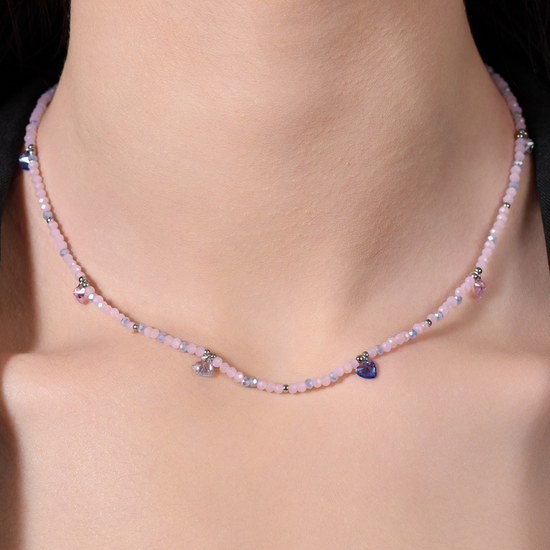 COLLIER FEMME EN ACIER AVEC PIERRES ROSES ET CRISTAUX MULTICOLORES