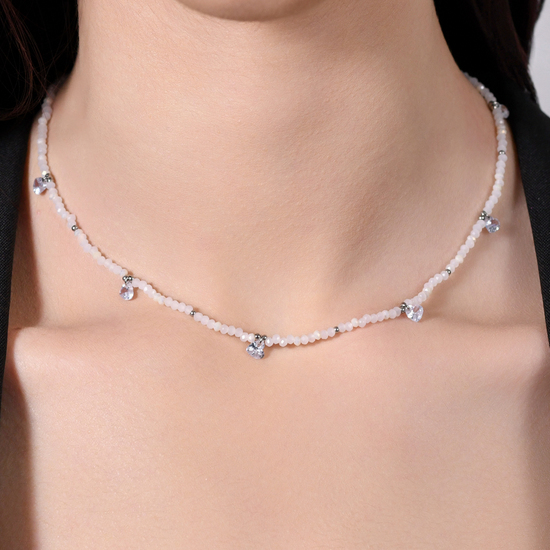 COLLIER EN ACIER POUR FEMMES PIERRES ET CRISTAUX BLANCS