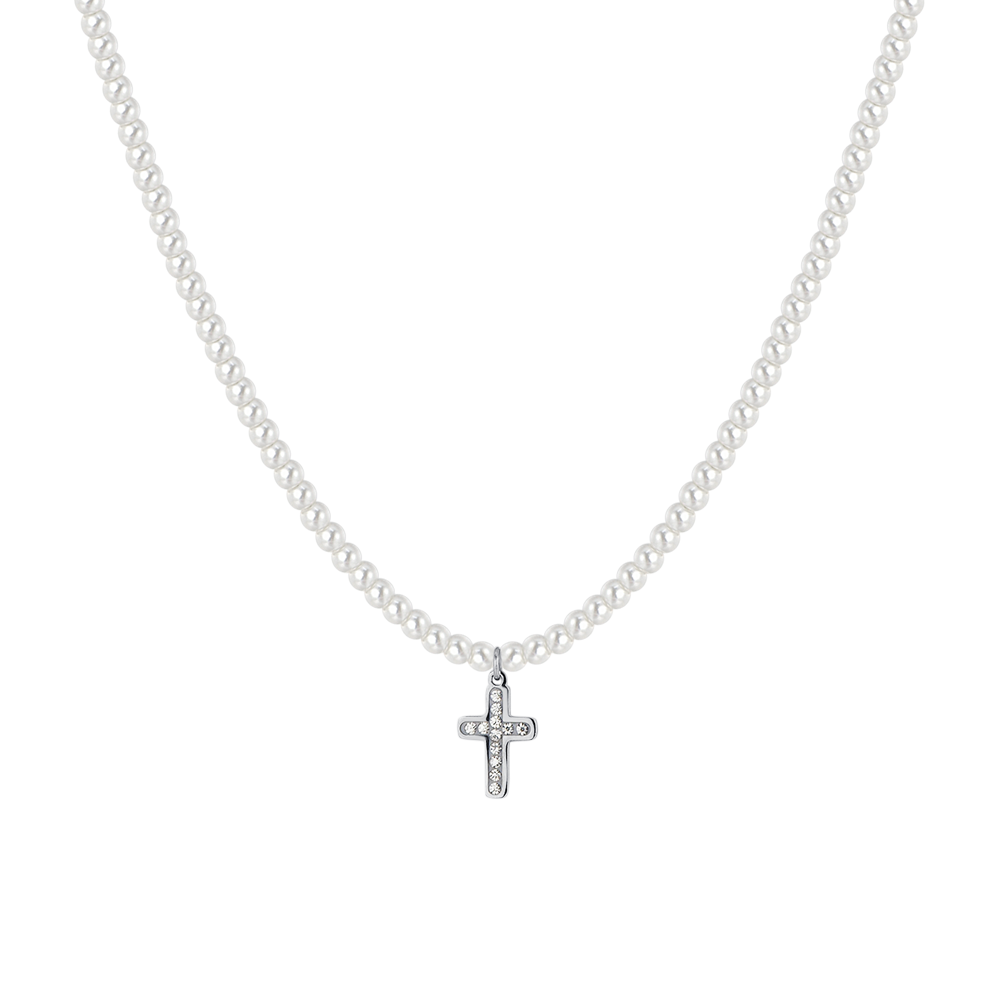 COLLIER EN ACIER AVEC PERLES ET CROIX