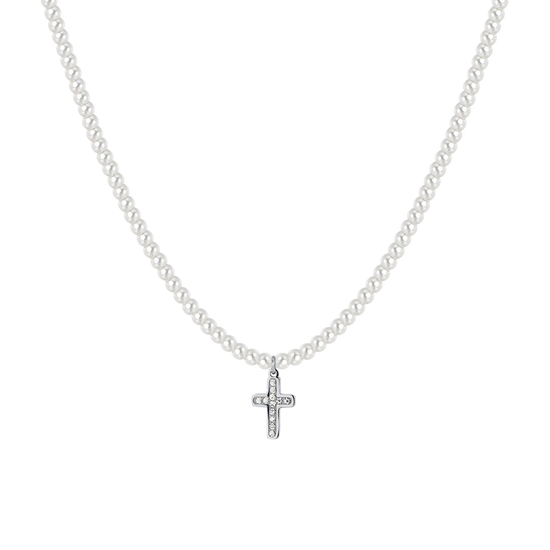 COLLIER EN ACIER AVEC PERLES ET CROIX