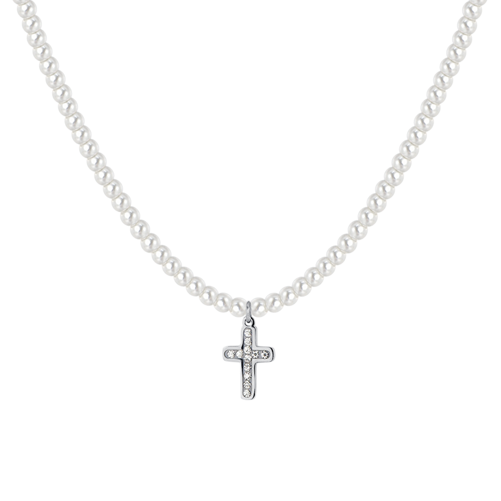 COLLIER EN ACIER AVEC PERLES ET CROIX