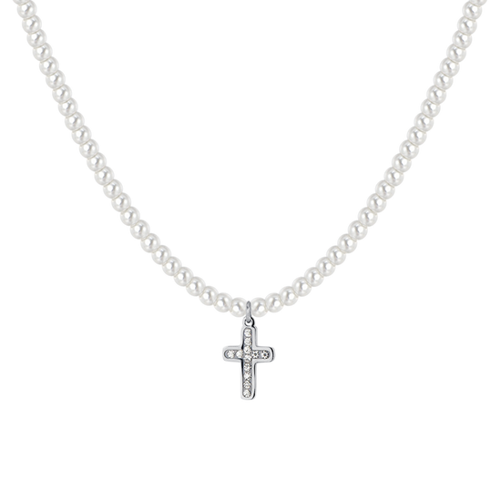 COLLIER EN ACIER AVEC PERLES ET CROIX