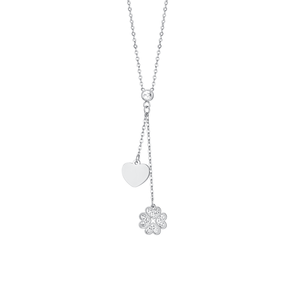 COLLIER POUR FEMMES EN ACIER AVEC TRÈFLE À QUATRE FEUILLES ET CŒUR