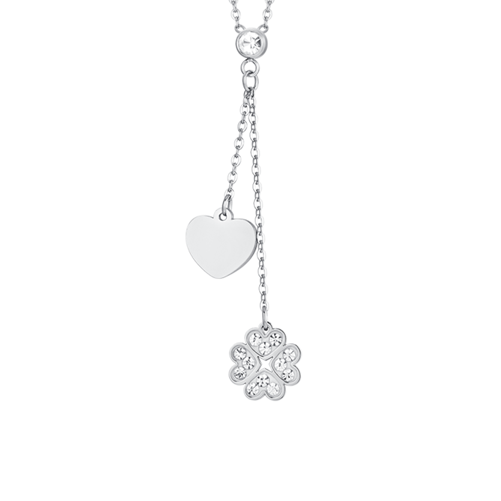 COLLIER POUR FEMMES EN ACIER AVEC TRÈFLE À QUATRE FEUILLES ET CŒUR