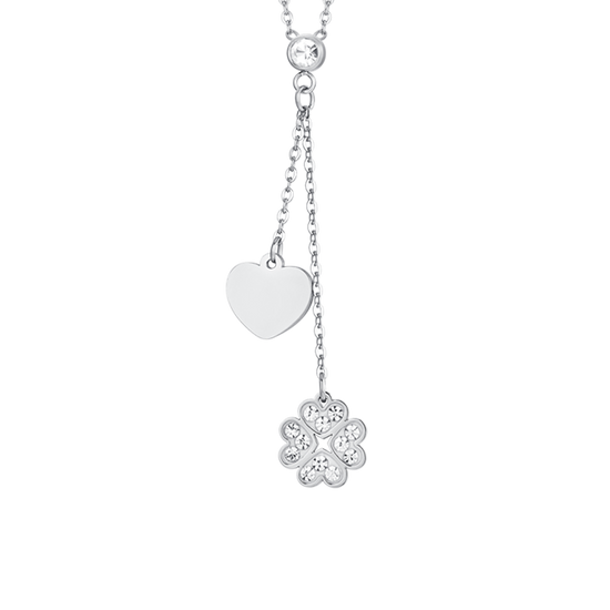 COLLIER POUR FEMMES EN ACIER AVEC TRÈFLE À QUATRE FEUILLES ET CŒUR