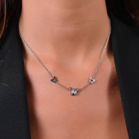 COLLIER POUR FEMMES EN ACIER, PAPILLON ET ZIRCON CUBIQUE