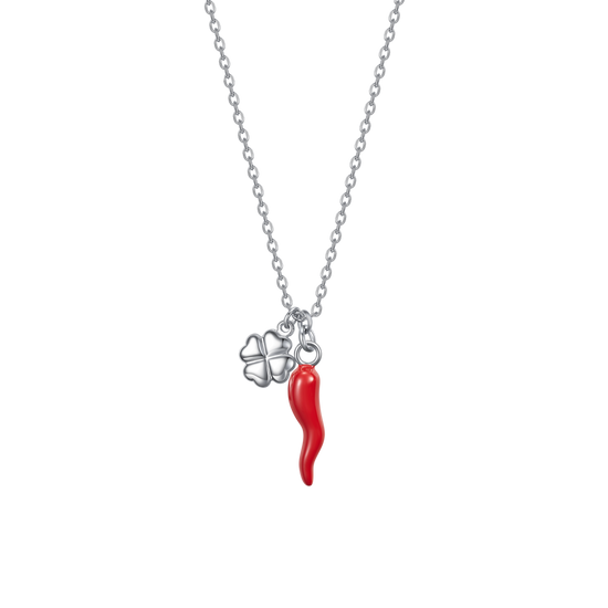 COLLANA DONNA IN ACCIAIO CON CORNO ROSSO E QUADRIFOGLIO