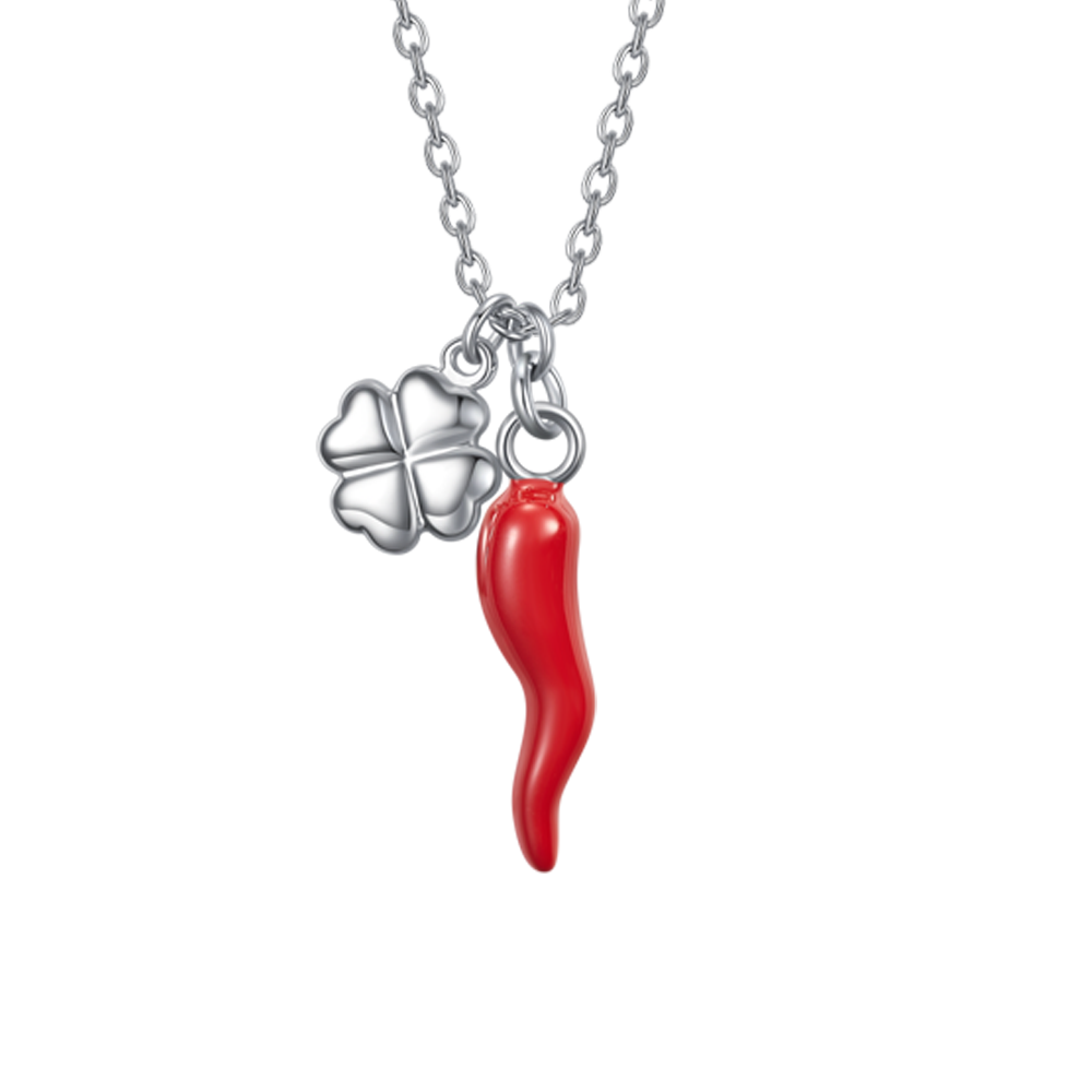 COLLANA DONNA IN ACCIAIO CON CORNO ROSSO E QUADRIFOGLIO