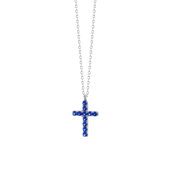 COLLANA DONNA IN ACCIAIO CON CROCE E ZIRCONI BLU