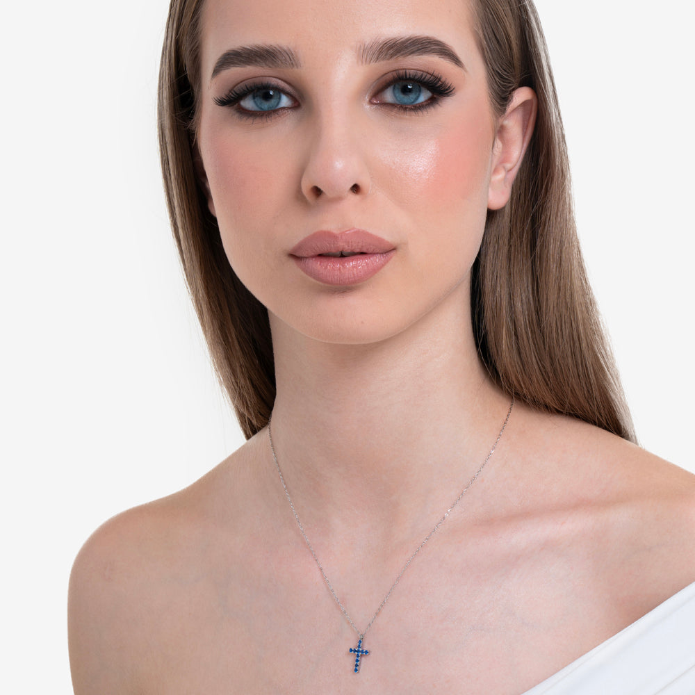 COLLANA DONNA IN ACCIAIO CON CROCE E ZIRCONI BLU