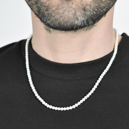 COLLIER EN ACIER POUR HOMMES AVEC PERLES BLANCHES