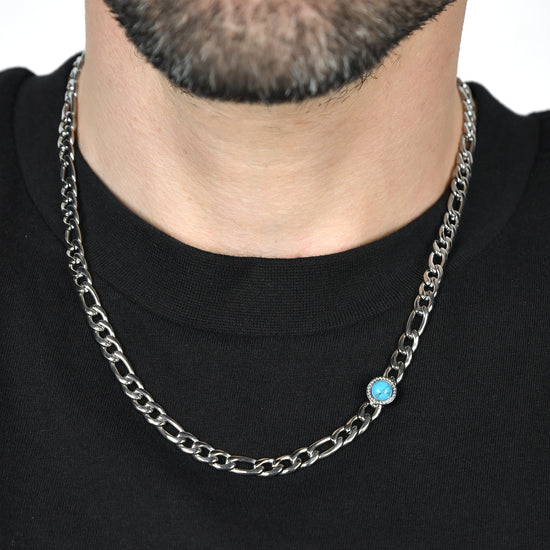 COLLIER HOMME EN ACIER AVEC PIERRE TURQUOISE