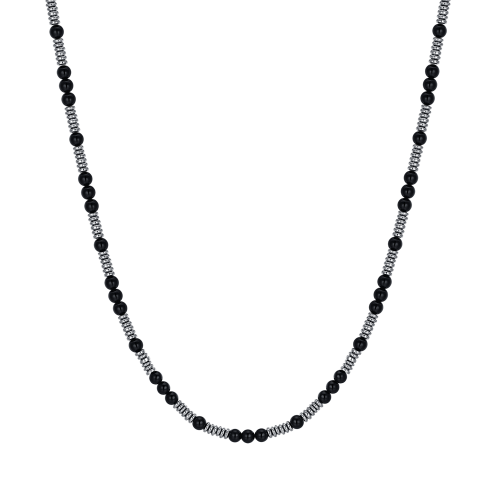 COLLIER EN ACIER POUR HOMMES AVEC PIERRES NOIRES ET ÉLÉMENTS EN ACIER