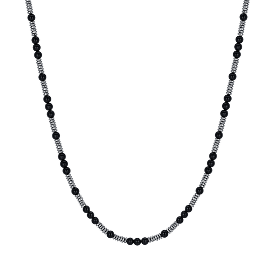 COLLIER EN ACIER POUR HOMMES AVEC PIERRES NOIRES ET ÉLÉMENTS EN ACIER