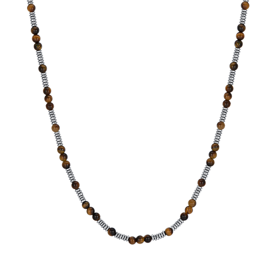 COLLIER HOMME EN ACIER AVEC PIERRES EN OEIL DE TIGRE ET ÉLÉMENTS EN ACIER