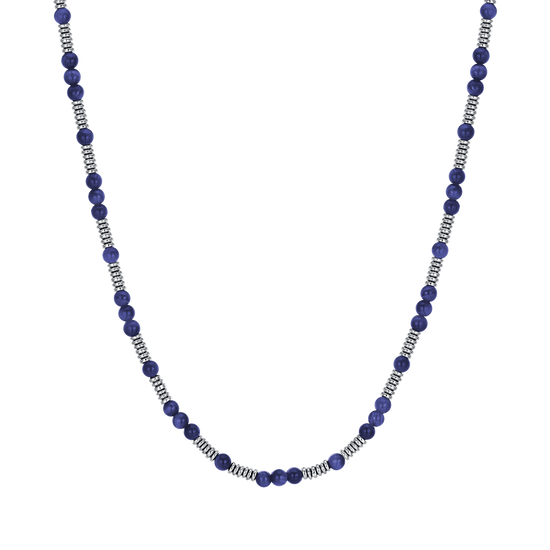 COLLIER HOMME EN ACIER AVEC PIERRES BLEUES ET ÉLÉMENTS EN ACIER