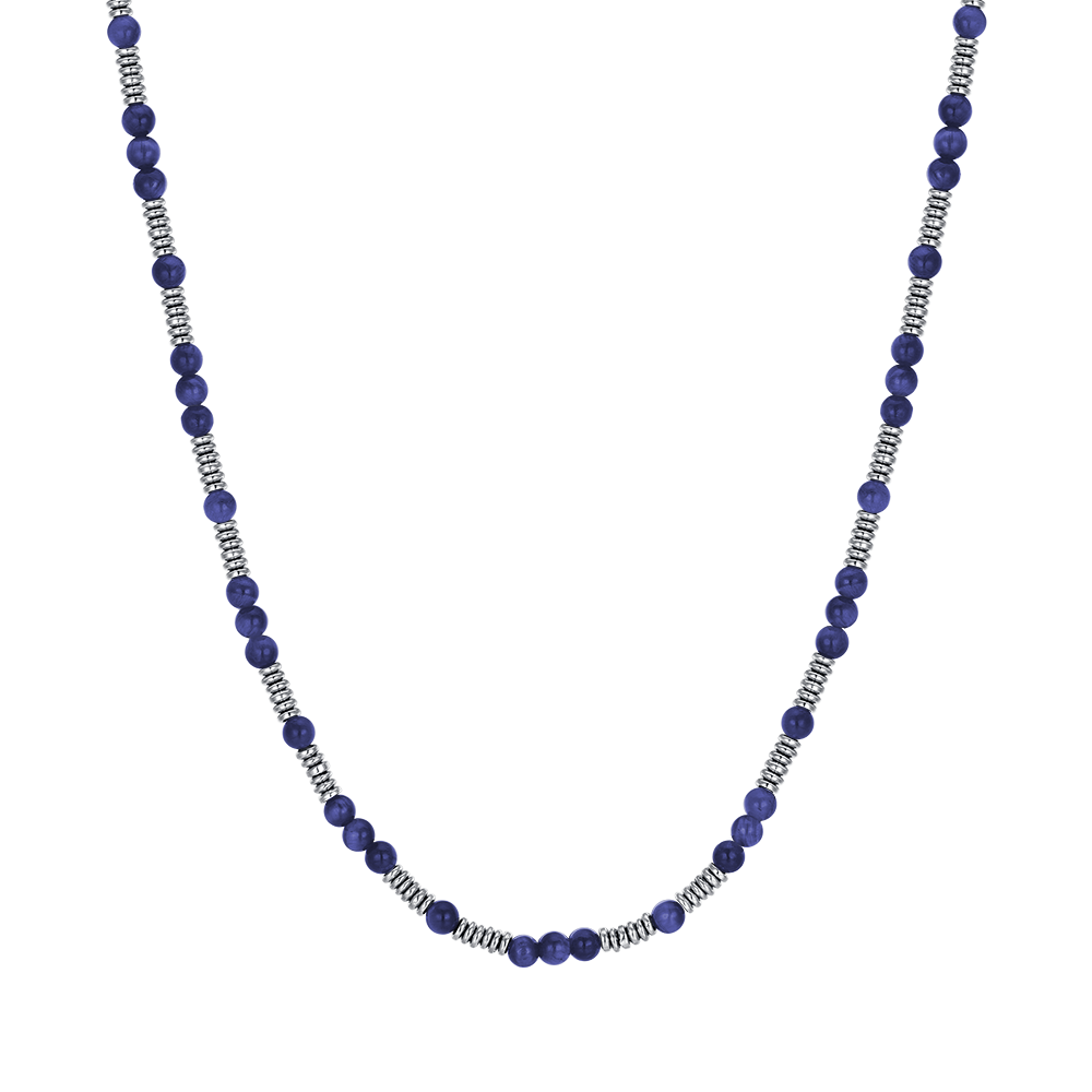 COLLIER HOMME EN ACIER AVEC PIERRES BLEUES ET ÉLÉMENTS EN ACIER