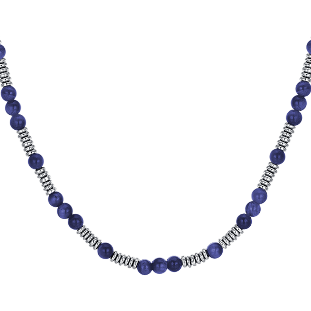 COLLIER HOMME EN ACIER AVEC PIERRES BLEUES ET ÉLÉMENTS EN ACIER