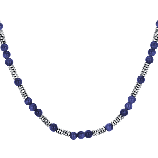 COLLIER HOMME EN ACIER AVEC PIERRES BLEUES ET ÉLÉMENTS EN ACIER