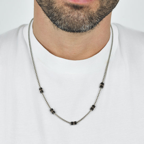 COLLIER POUR HOMME EN ACIER AVEC ÉLÉMENTS EN IP NOIR ET IP ROSE