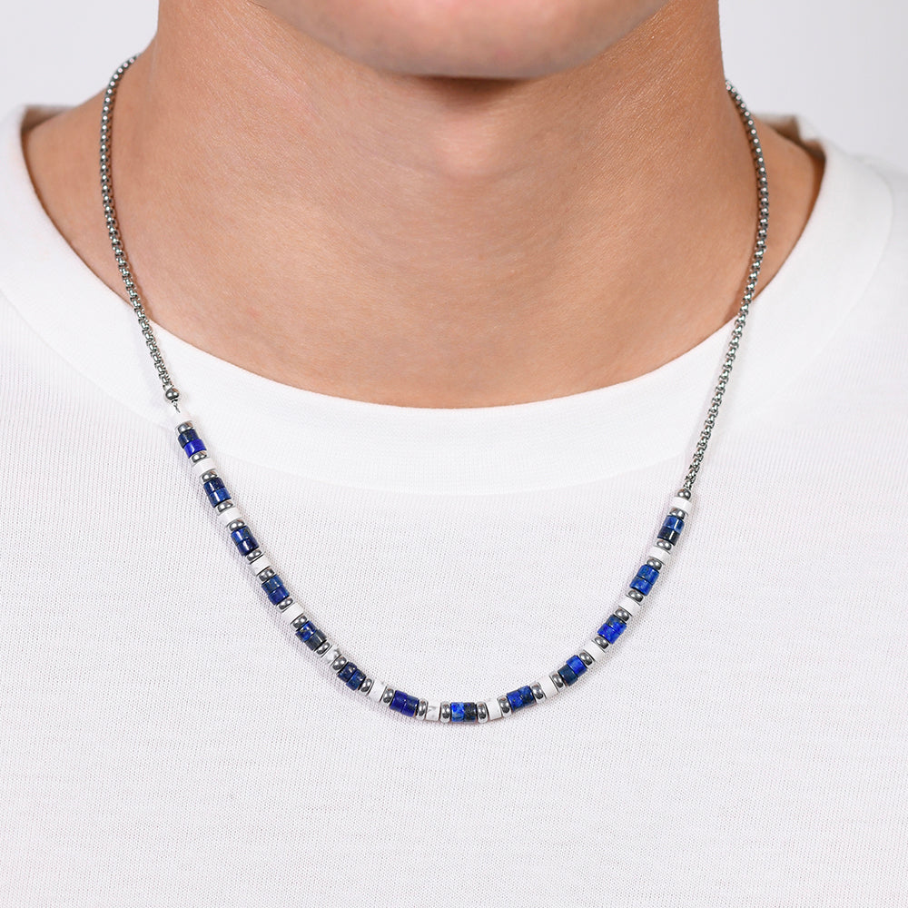 COLLIER HOMME EN ACIER LAPIS ET PIERRES BLANCHES