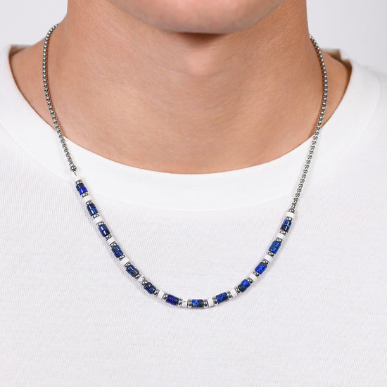 COLLIER HOMME EN ACIER LAPIS ET PIERRES BLANCHES