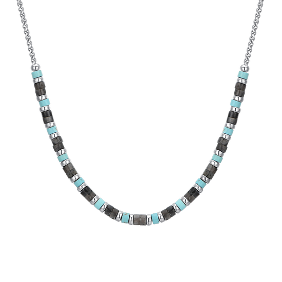 COLLIER HOMME EN ACIER PIERRES GRISES ET TURQUOISES