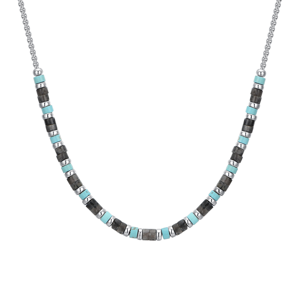 COLLIER HOMME EN ACIER PIERRES GRISES ET TURQUOISES