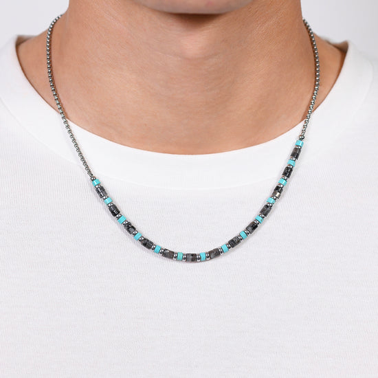 COLLIER HOMME EN ACIER PIERRES GRISES ET TURQUOISES