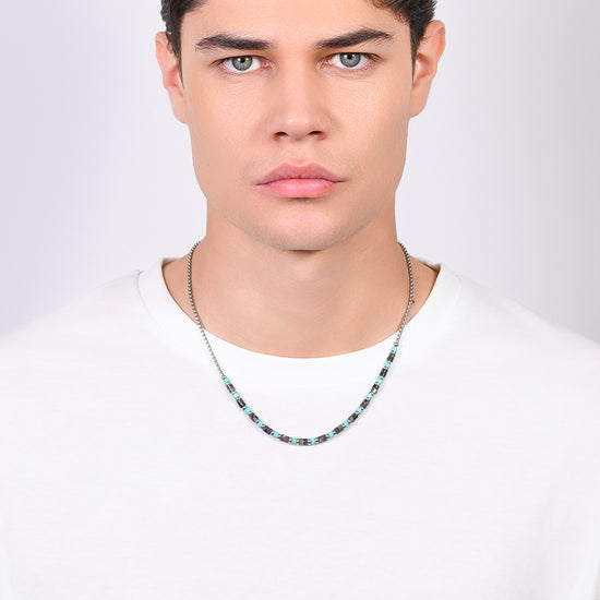 COLLIER HOMME EN ACIER PIERRES GRISES ET TURQUOISES