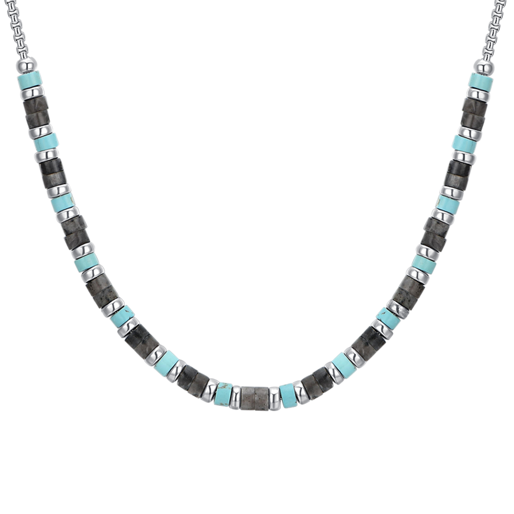 COLLIER HOMME EN ACIER PIERRES GRISES ET TURQUOISES